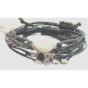 NWT Gemma Simone Navy Blue Vegan Friendship Love Silver Charm Bracelet 6-Set Adj